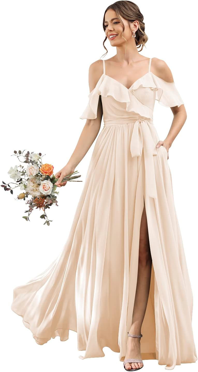 Women's Bridesmaid Dresses with Slit Long Cold Shoulder Chiffon Formal Party Dress with Pockets