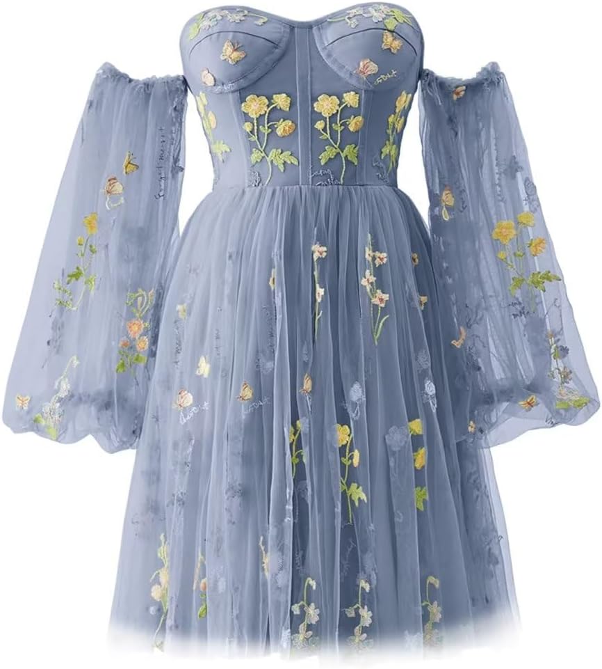 Vestidos de fiesta para mujer, cortos, con hombros descubiertos, bordados florales, de tul, formales, para fiesta de graduación 