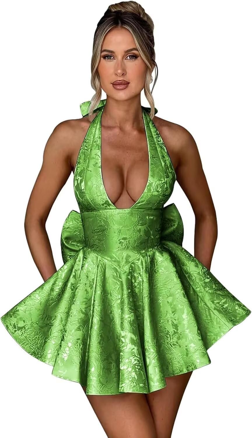 Satin Halter Homecoming Dresses for Teens 2027 V Neck Jacquard A-line Short Prom Cocktail Gowns with Bow