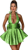 Satin Halter Homecoming Dresses for Teens 2027 V Neck Jacquard A-line Short Prom Cocktail Gowns with Bow