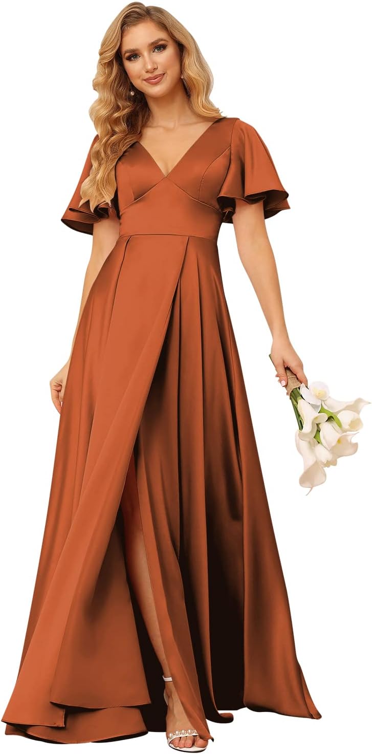 Women's V Neck Ruffle Sleeves Bridesmaid Dresses with Slit 2025 Satin A-Line Formal Evening Gowns