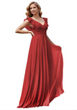 Women's V Neck Ruffle Chiffon Bridesmaid Dresses Long with Pockets Ruched Formal Dresses