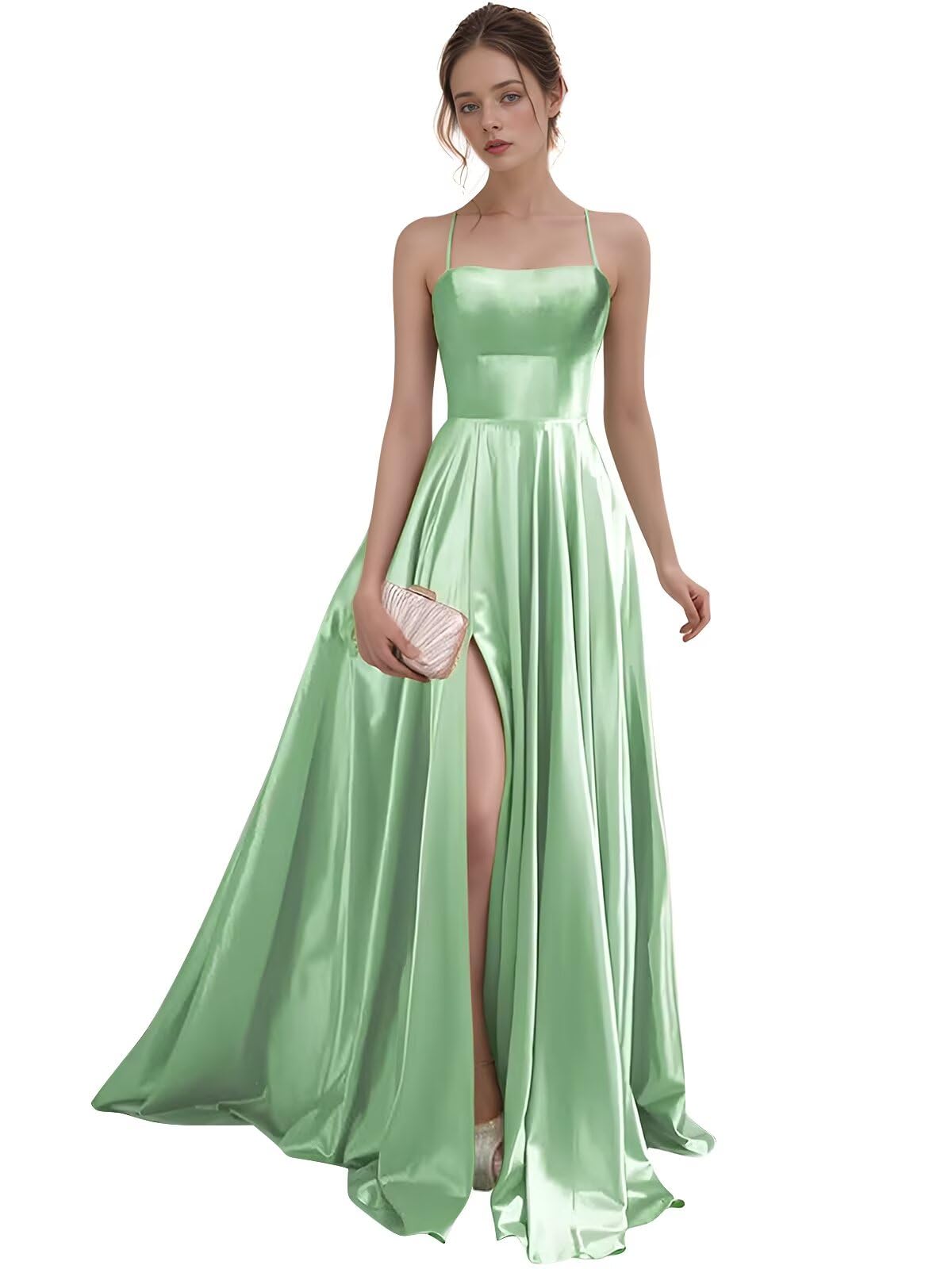 Women's Satin Prom Dresses with Slit Strapless A Line Corset Ball Gowns Spaghetti Straps Formal Evening Gowns with Pockets