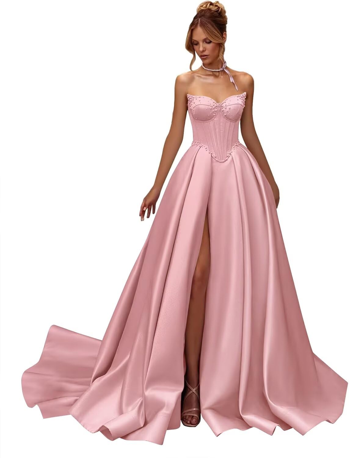 Kingbridal Gowns Strapless Prom Dresses for Women 2026 Long Satin A-line Formal Dress with Slit Beaded Corset Evening Party Gowns