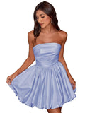 Short Satin A-Line Ruched Homecoming Dresses for Teens Strapless Ruched Mini Formal Cocktail Party Dress