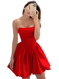Satin Flower Bud Homecoming Dress Short Prom Dress Cowl Neck Pleated A Line Mini Cocktail Party Gown