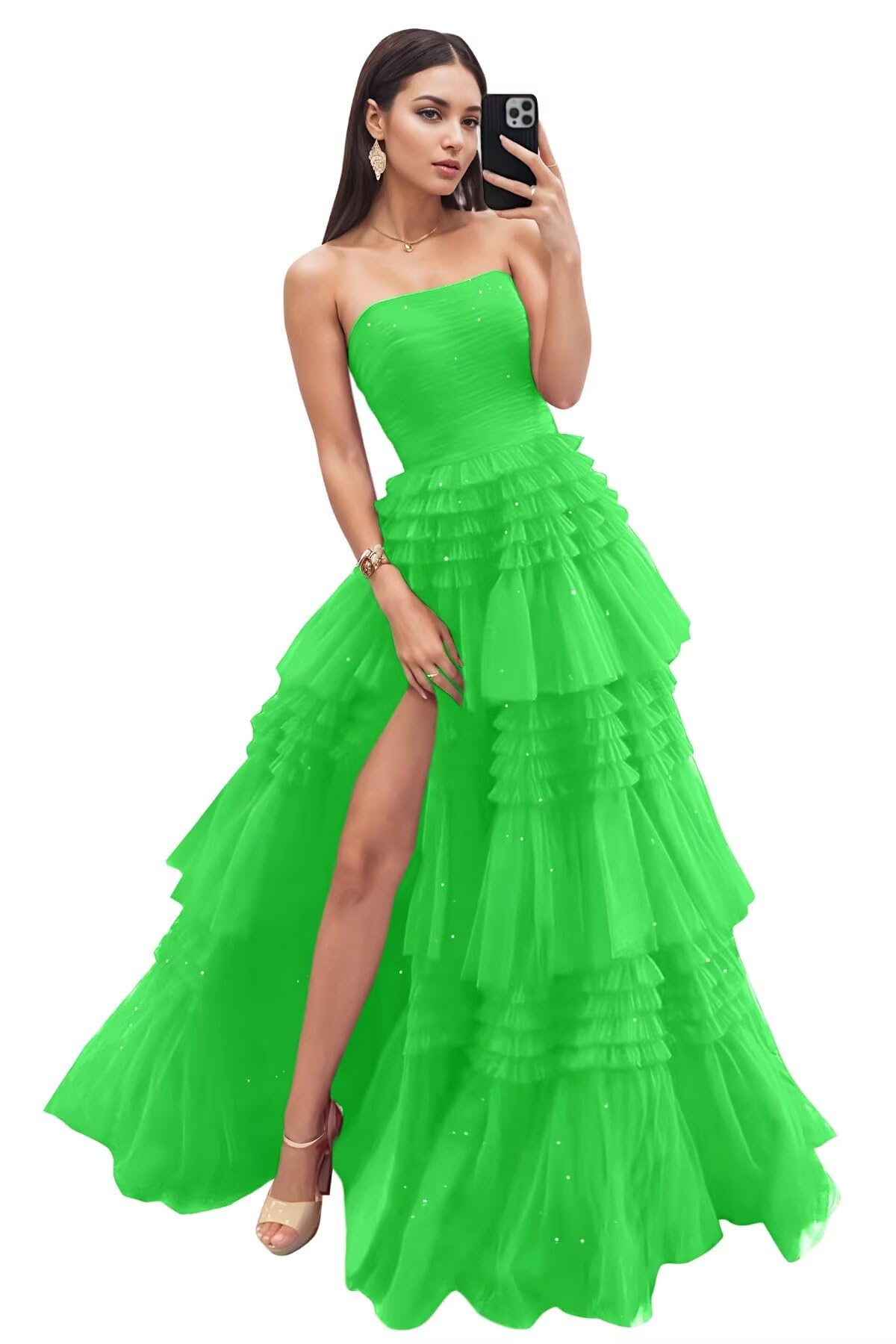Strapless Tiered Tulle Prom Dresses for Women 2027 Long Sparkly A-Line Formal Evening Party Ball Gowns with Slit