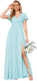 Flutter Sleeves Split Bridesmaid Dresses with Slit Long V Neck Empire Waist Formal Dress for Women Wedding