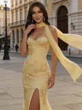 Floral Prom Dresses for Teens Strapless Mermaid Corset Tulle Formal Evening Gown with Slit Scarf