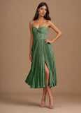 Floral Satin Midi Wedding Guest Dresses Pleated Tea Length Formal Evening Party Gowns