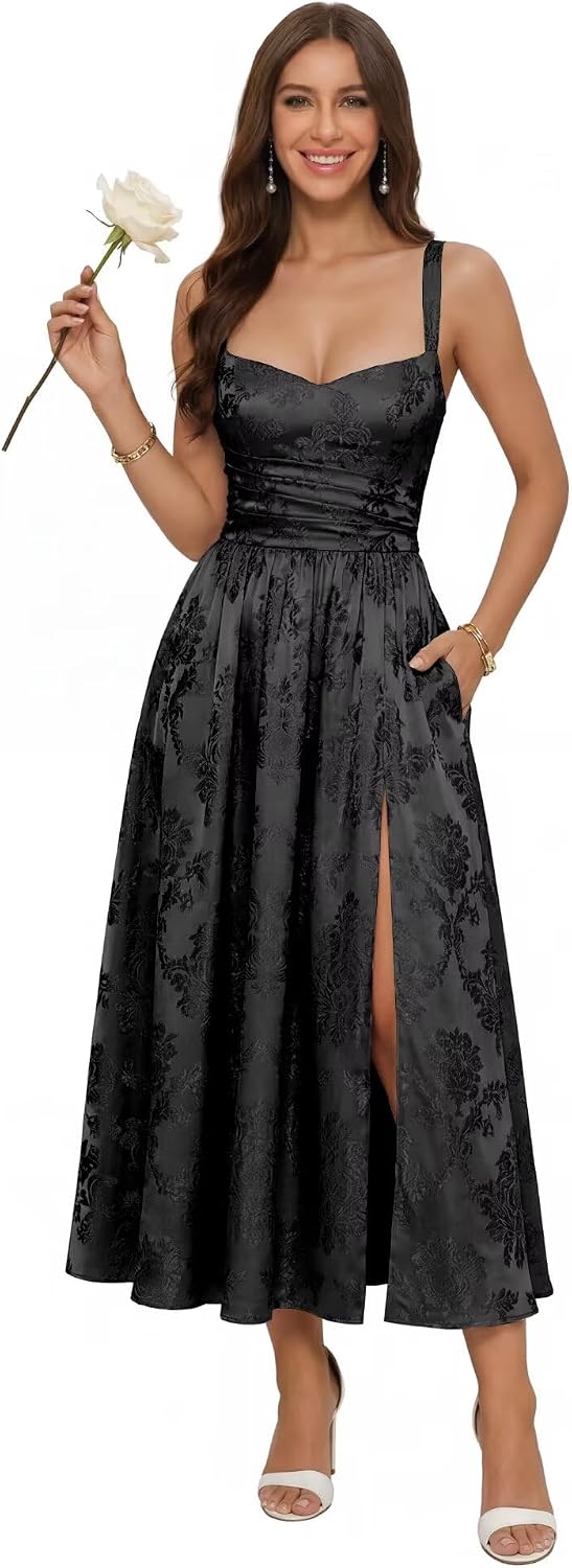 Jacquard Satin Bridesmaid Dresses for Women Spaghetti Straps A Line Tea Length Formal Evening Dress