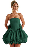 Satin Flower Bud Homecoming Dress Short Prom Dress with Bow Strapless A Line Mini Cocktail Party Gown