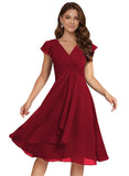 Short Chiffon Bridesmaid Dresses for Women V Neck Flutter Sleeves Ruffle Formal Cocktail Gowns with Pockets