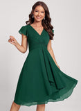 Short Chiffon Bridesmaid Dresses for Women V Neck Flutter Sleeves Ruffle Formal Cocktail Gowns with Pockets