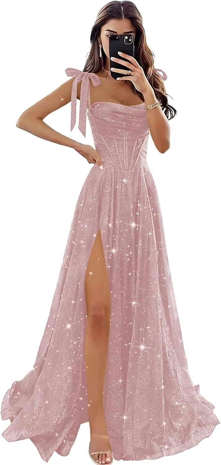 Sparkly Tulle Prom Dresses with Slit Spaghetti Straps A Line Maxi Long Formal Dress