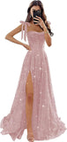 Sparkly Tulle Prom Dresses with Slit Spaghetti Straps A Line Maxi Long Formal Dress