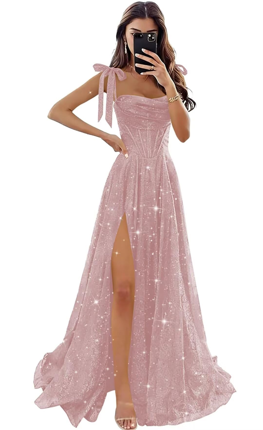 Sparkly Tulle Prom Dresses with Slit Spaghetti Straps A Line Maxi Long Formal Dress