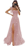 Tulle Prom Dresses with Slit Spaghetti Straps A Line Maxi Long Formal Dress