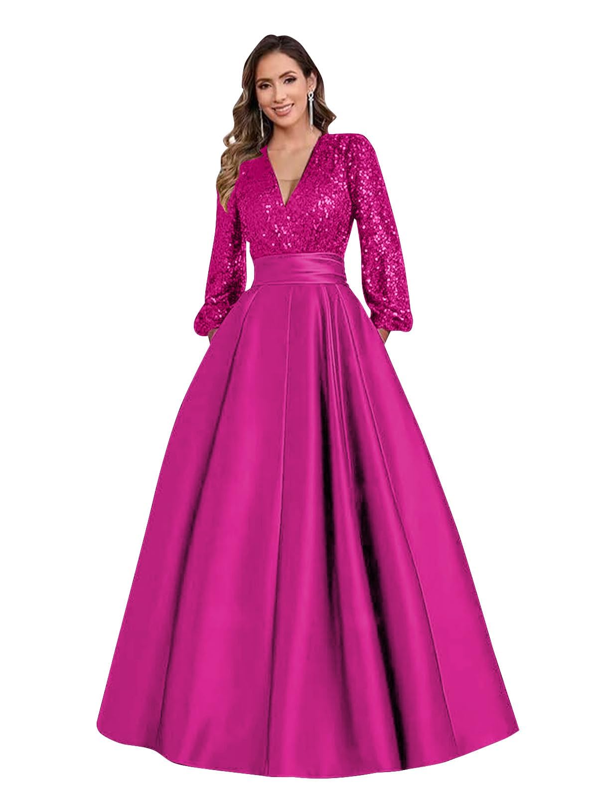 Satin Mother of Bride Dresses Long for Women Sequin Long Sleeve Evening Gown with Pockets