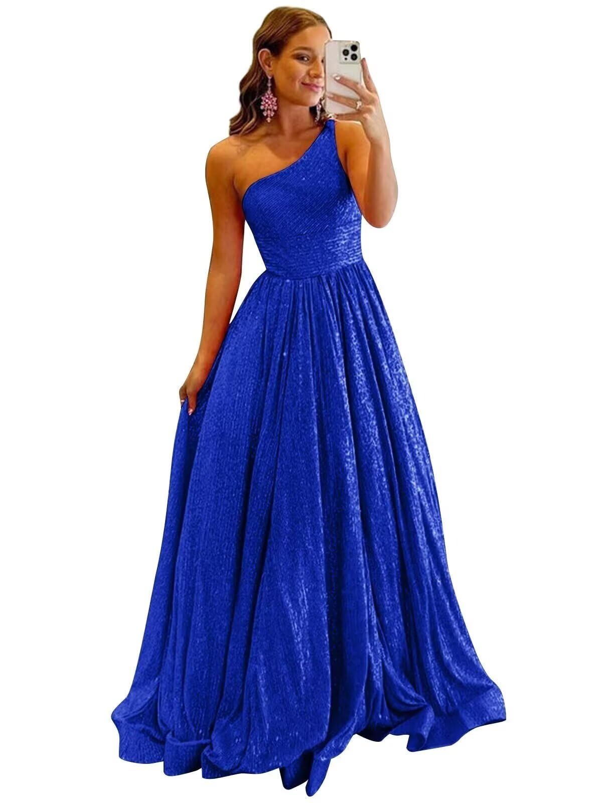 One Shoulder Sequin Prom Dresses for Women 2027 Sparkly Long A-Line Formal Evening Party Ball Gowns with Pockets