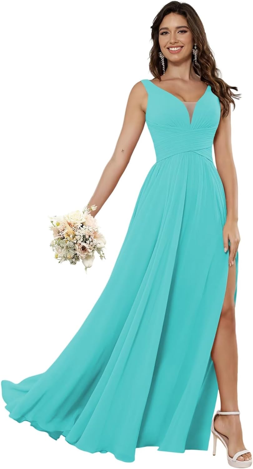 Vestidos de dama de honor sencillos de gasa para mujer con bolsillos, vestidos formales largos con escote en V y abertura 