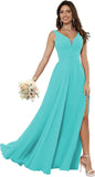Vestidos de dama de honor sencillos de gasa para mujer con bolsillos, vestidos formales largos con escote en V y abertura 