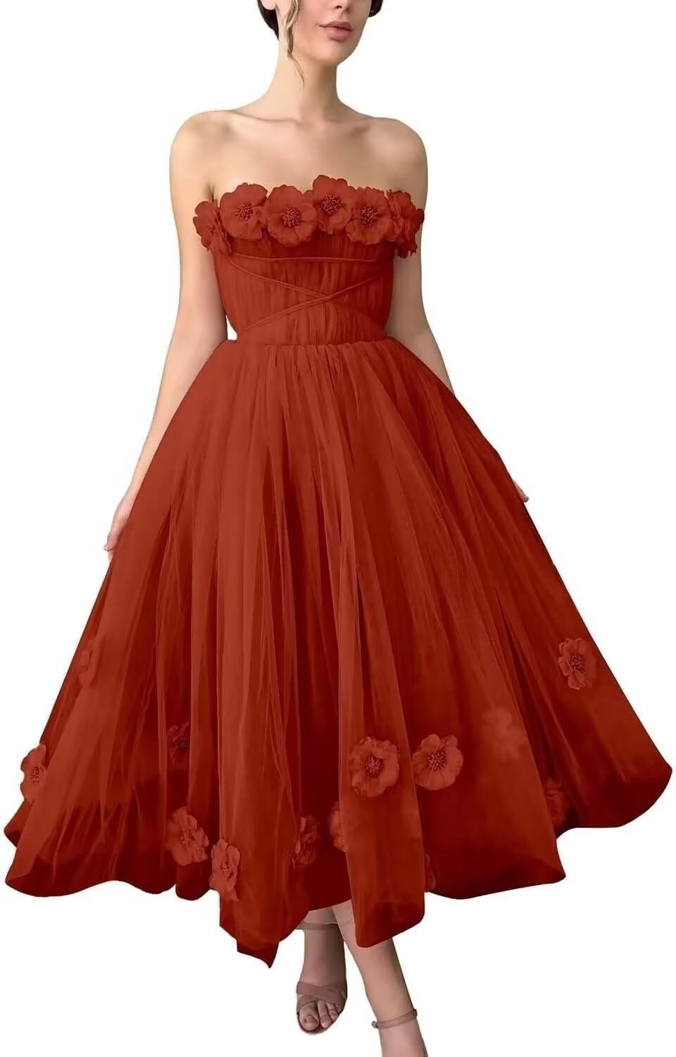 Women's 3D Flower Off Shoulder Tea Length Whimsical Prom Dress, A Line Strapless Tulle Formal Evening Party Gown