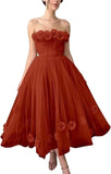 Women's 3D Flower Off Shoulder Tea Length Whimsical Prom Dress, A Line Strapless Tulle Formal Evening Party Gown