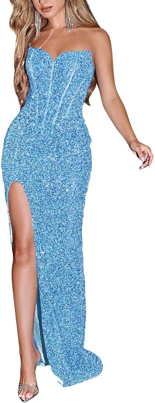 Sparkly Sequin Prom Dresses for Women 2025 Long Mermaid Strapless Glitter Formal Evening Prom Ball Gown with Slit