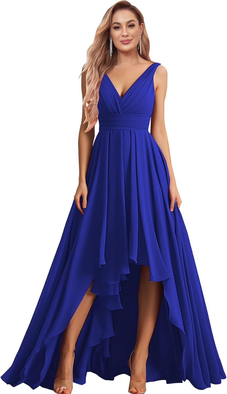 Vestidos de dama de honor con escote en V para mujer, para boda, con bolsillos, de gasa fruncida, largos, formales, para fiesta de graduación y noche.