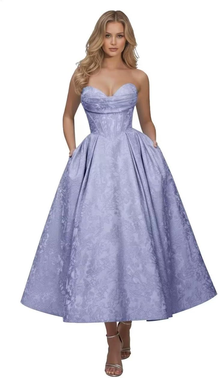 Strapless Floral Satin Prom Dresses for Women 2026 Jacquard Aline Formal Evening Party Dress with Pockets