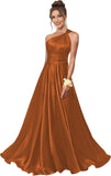 One Shoulder Bridesmaid Dresses for Women Satin Pleated A Line Long Formal Prom Dress with Pockets