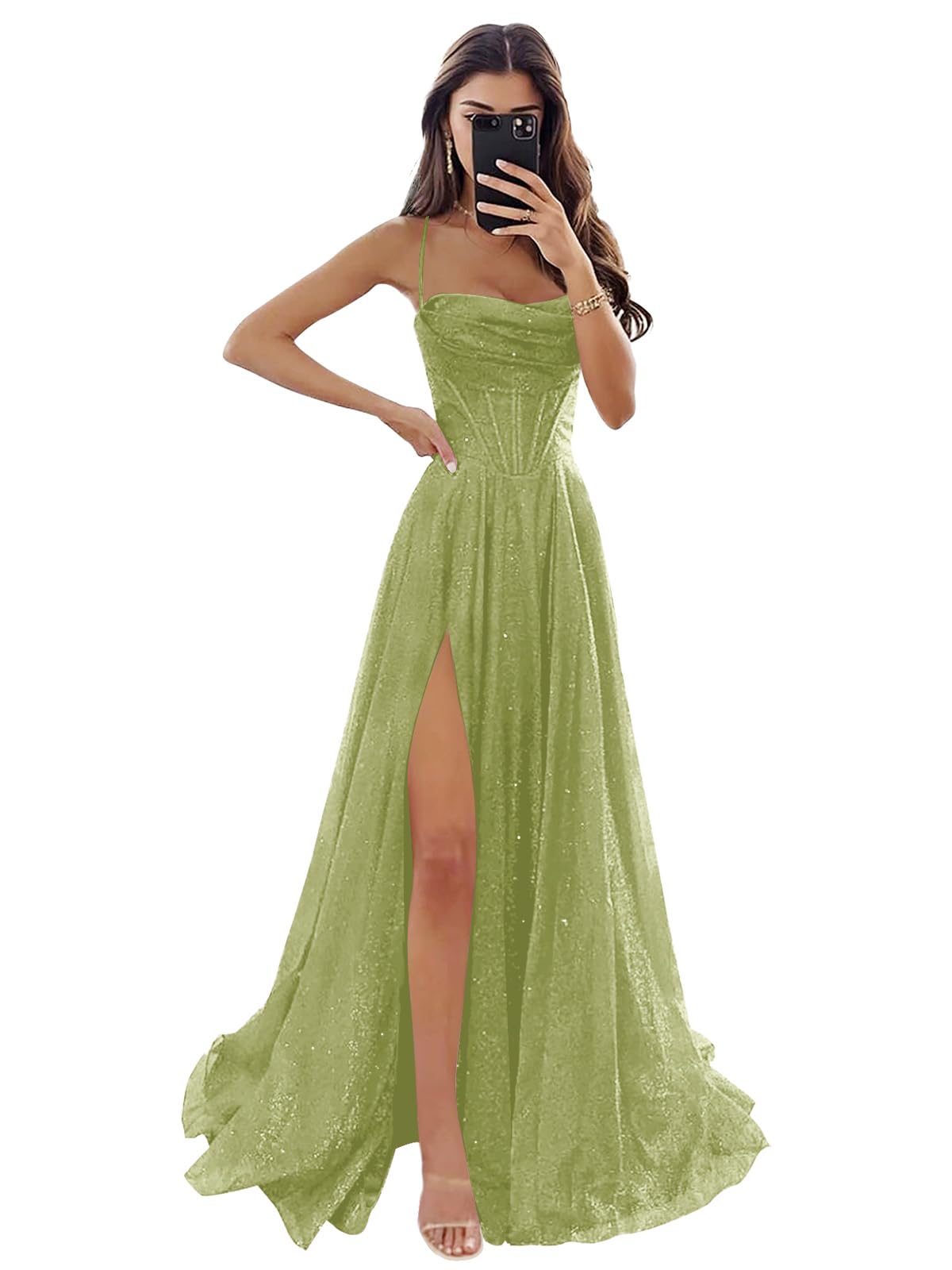 Women's Spaghetti Straps Glitter Tulle Prom Dress with Slit Cowl Neck Long Evening Formal Party Gown