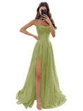 Women's Spaghetti Straps Glitter Tulle Prom Dress with Slit Cowl Neck Long Evening Formal Party Gown