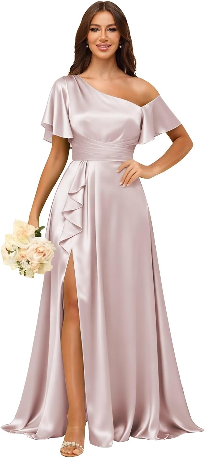 Short Sleeve Satin Bridesmaid Dresses for Women Ruffle One Shoulder Formal Evening Gowns with Slit