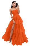 Strapless Tiered Tulle Prom Dresses for Women 2027 Long Sparkly A-Line Formal Evening Party Ball Gowns with Slit