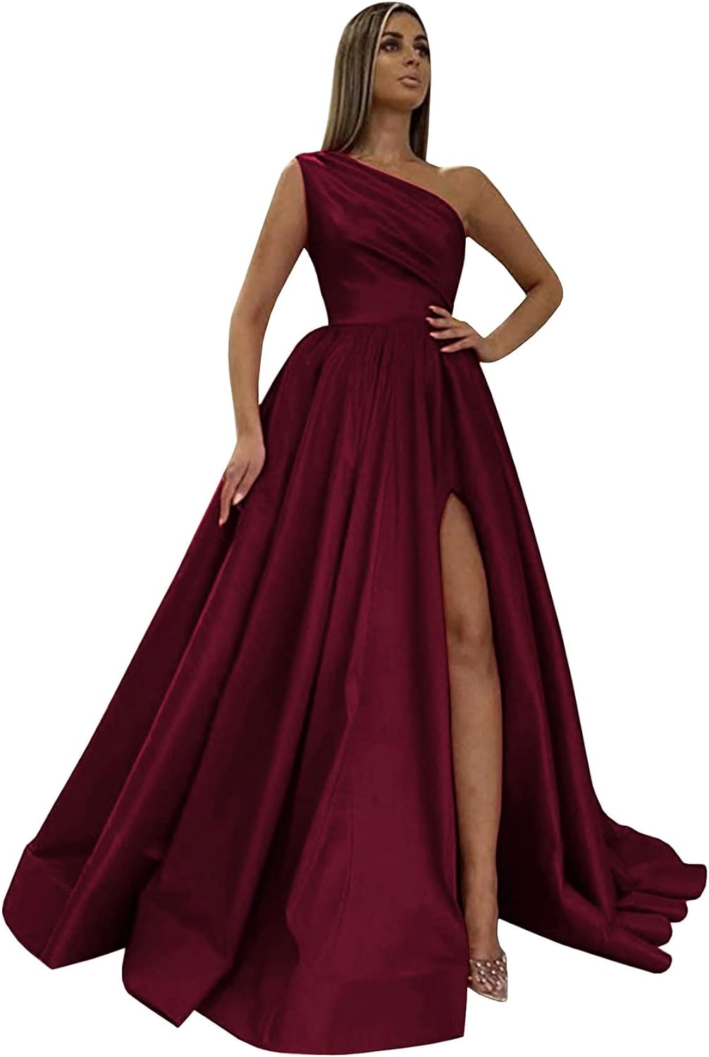 Women's One Shoulder Prom Dresses 2026 Long Slit Satin Formal Evening Gowns with Pockets