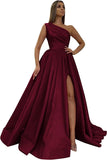 Women's One Shoulder Prom Dresses 2026 Long Slit Satin Formal Evening Gowns with Pockets