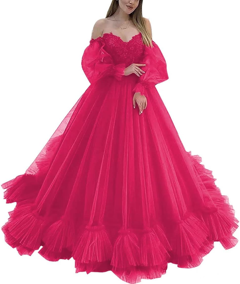 Off Shoulder Lace Appliques Ball Gown Quinceanera Dresses Long Sleeve Wedding Dress Bridal Gowns