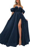 Tulle Prom Dresses for Women 2027 Sparkly Puffy Sleeves Long Ball Gowns with Slit A-Line Evening Dresses