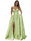 Jacquard Satin Spaghetti Straps Prom Dresses for Women Aline Backless Formal Evening Party Ball Gowns with Pockets