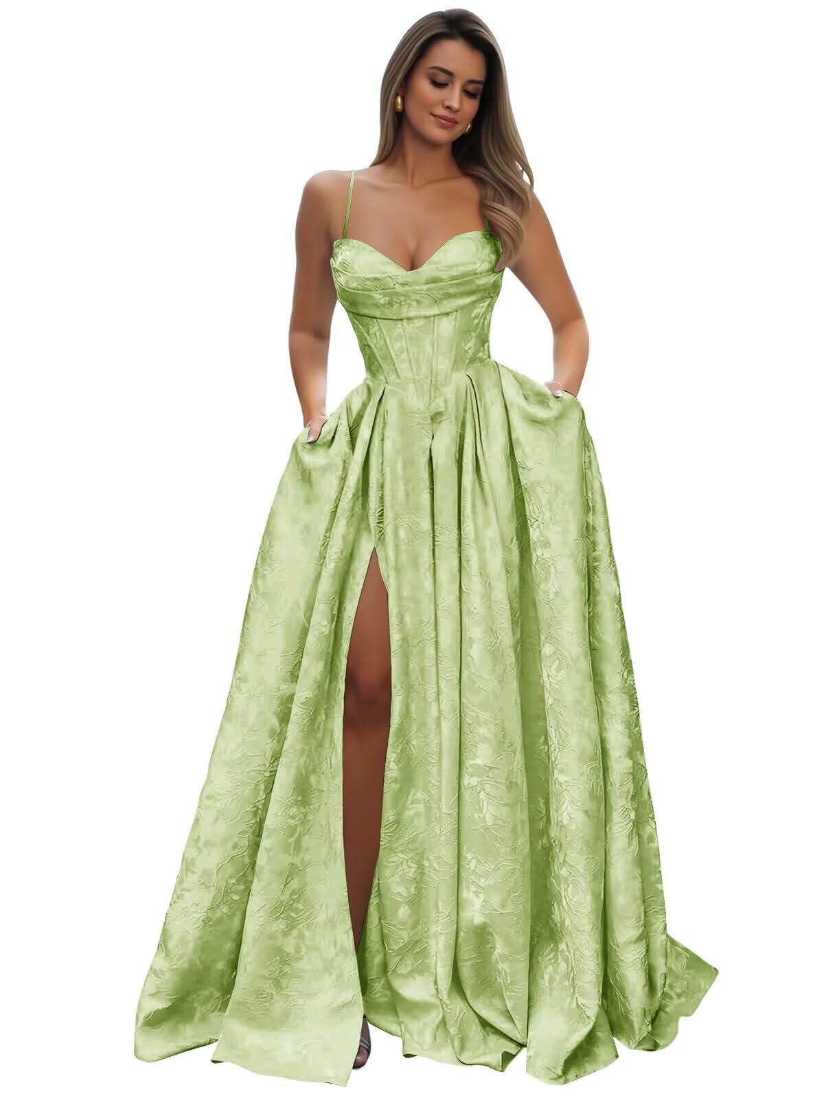 Satin Spaghetti Straps Prom Dresses for Women Jacquard Aline Backless Formal Evening Party Ball Gowns with Pockets