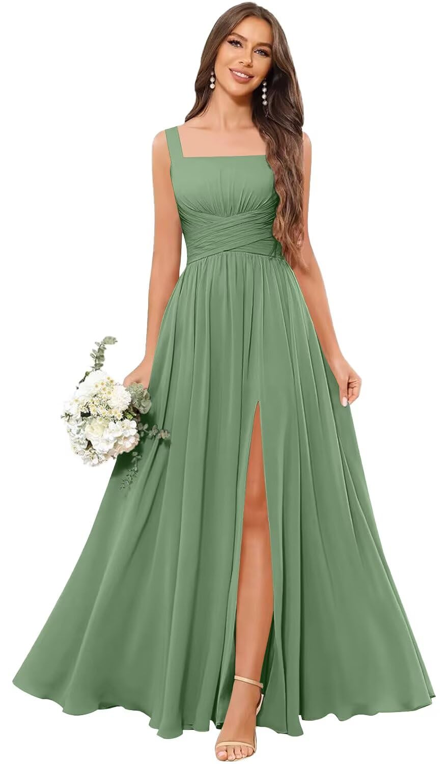 Kingbridal Chiffon A-line Bridesmaid Dresses for Women 2027 Long Square Neck Pleated Formal Evening Party Dress with Slit