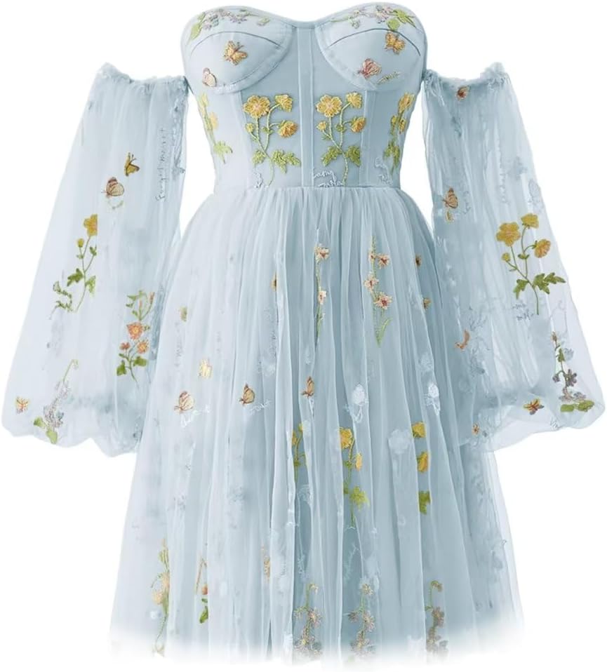 Vestidos de fiesta para mujer, cortos, con hombros descubiertos, bordados florales, de tul, formales, para fiesta de graduación 