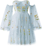 Vestidos de fiesta para mujer, cortos, con hombros descubiertos, bordados florales, de tul, formales, para fiesta de graduación 