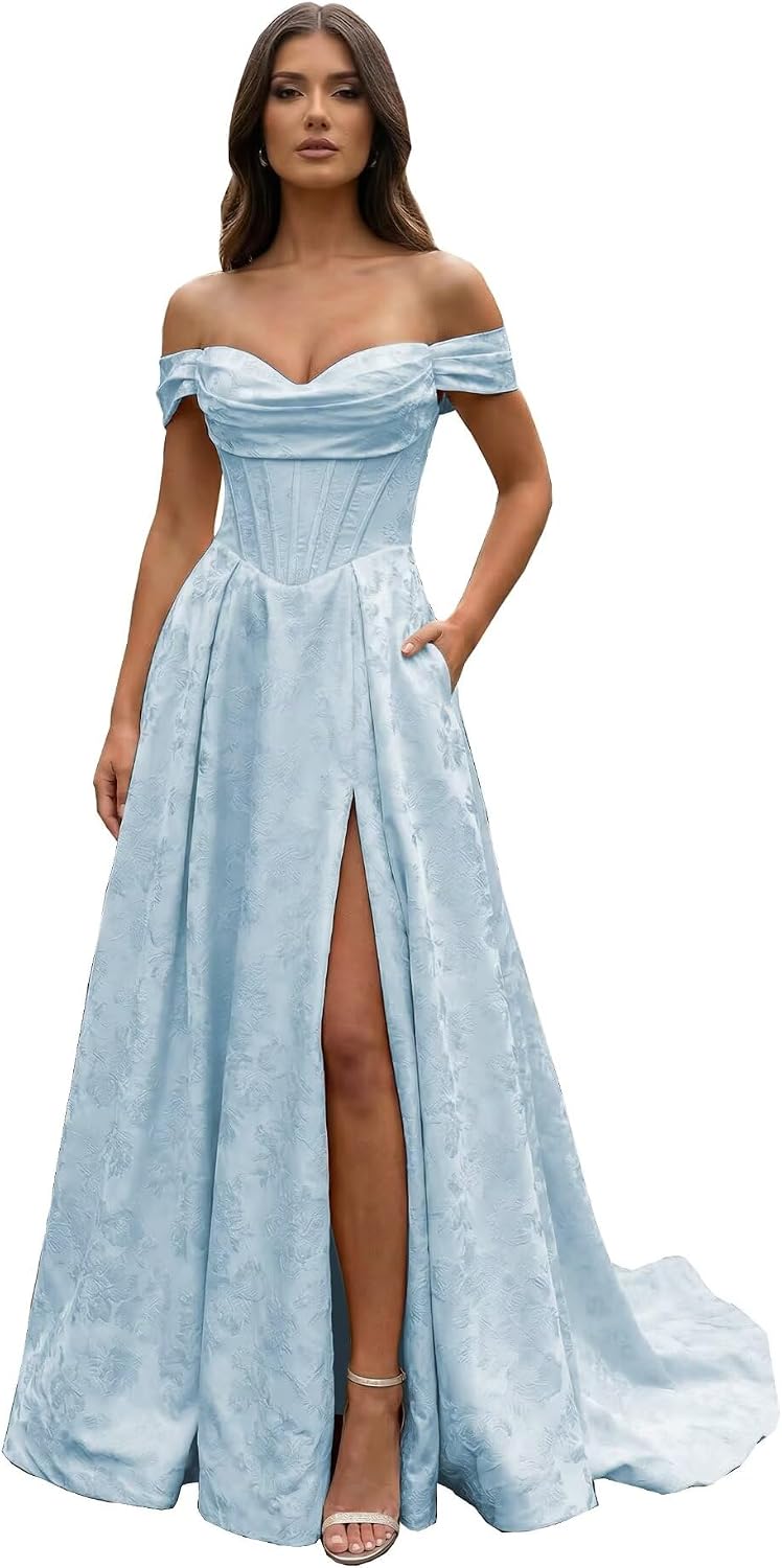Jacquard Satin Prom Dresses Off the Shoulder Corset A Line Long Formal Gowns