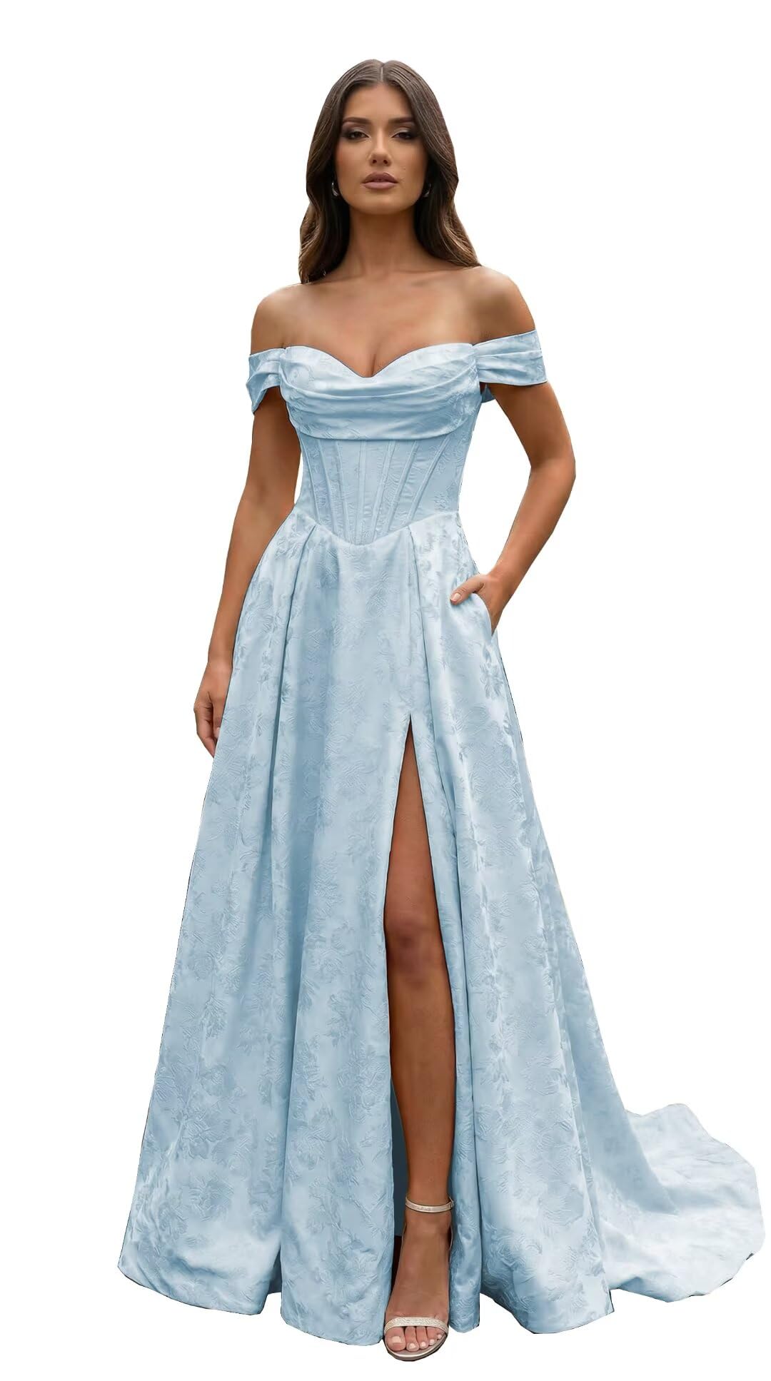 Jacquard Satin Prom Dresses Off the Shoulder Corset A Line Long Formal Gowns