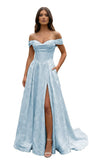 Jacquard Satin Prom Dresses Off the Shoulder Corset A Line Long Formal Gowns