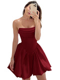 Satin Flower Bud Homecoming Dress Short Prom Dress Cowl Neck Pleated A Line Mini Cocktail Party Gown