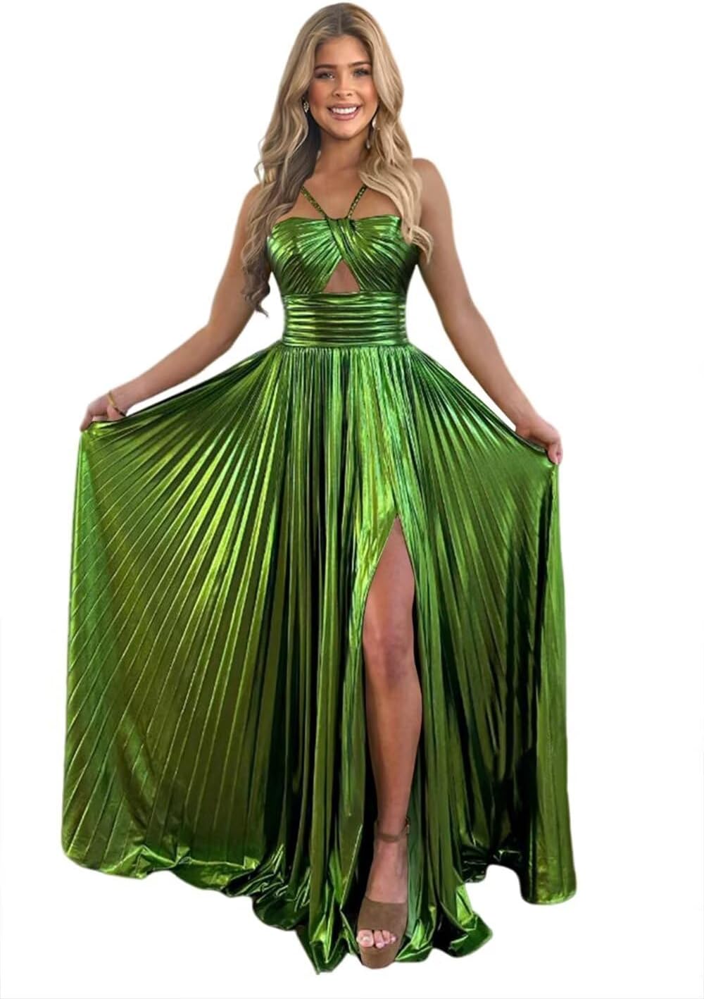 Vestido de fiesta de satén metálico brillante con abertura para mujer, vestido formal de noche plisado con cuello halter 